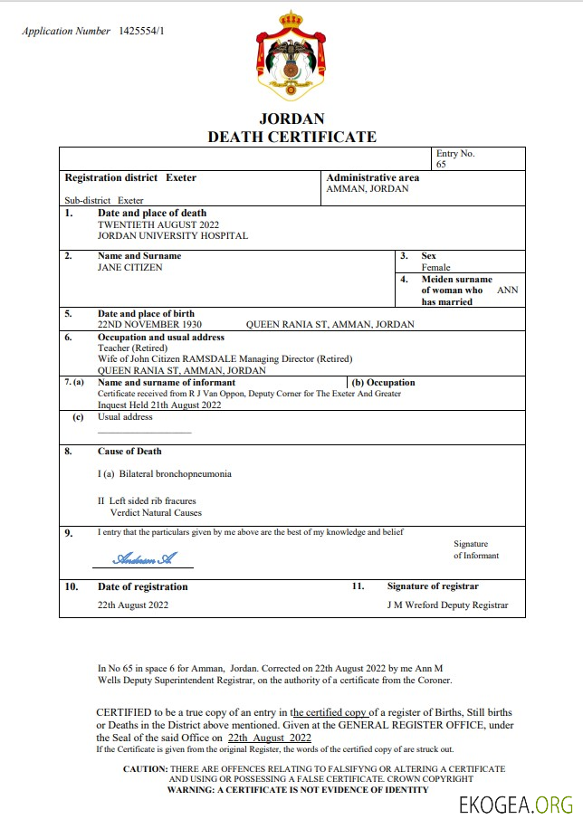 Modèle Word et PDF de certificat de décès de l'état civil de Jordanie